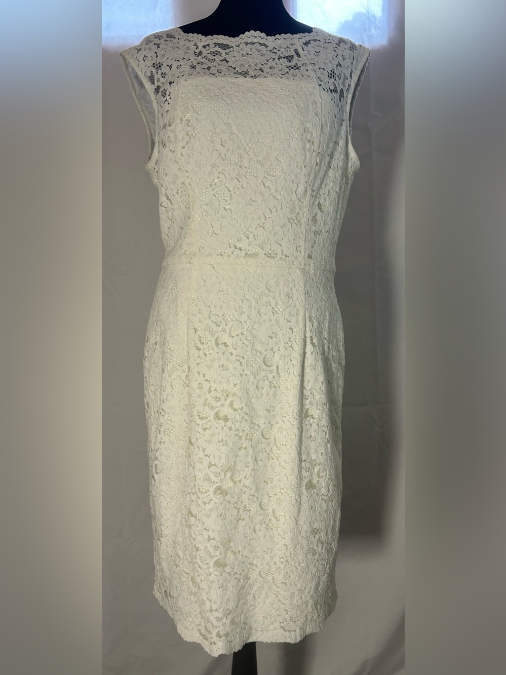 White House Black Market Lace Sheath Dress Ivory White Floral Sleeveless Size 12